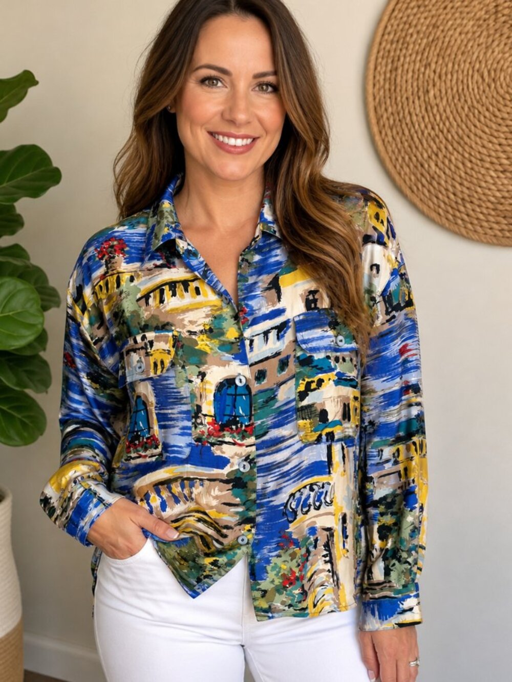 Vintage Silk Mureli Collection Mediterranean Coastal Print Button Down Shirt L